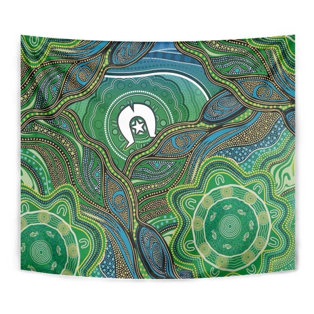 Torres Strait Islands Tapestry Indigenous Ocean Wave Dot Green Color