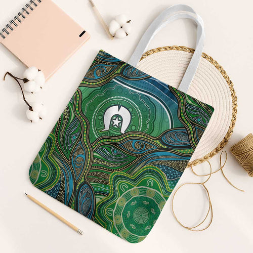 Torres Strait Islands Tote Bag Indigenous Ocean Wave Dot Green Color