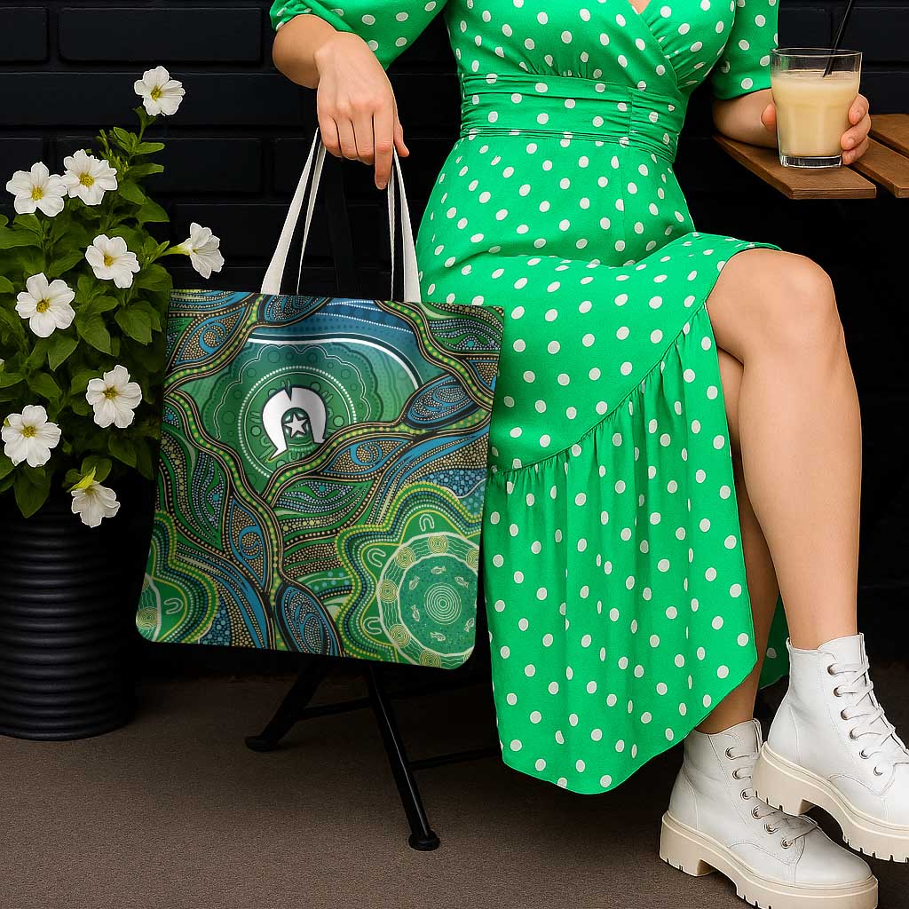 Torres Strait Islands Tote Bag Indigenous Ocean Wave Dot Green Color