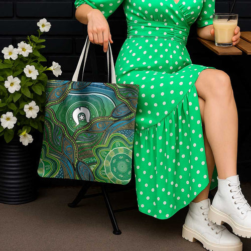 Torres Strait Islands Tote Bag Indigenous Ocean Wave Dot Green Color