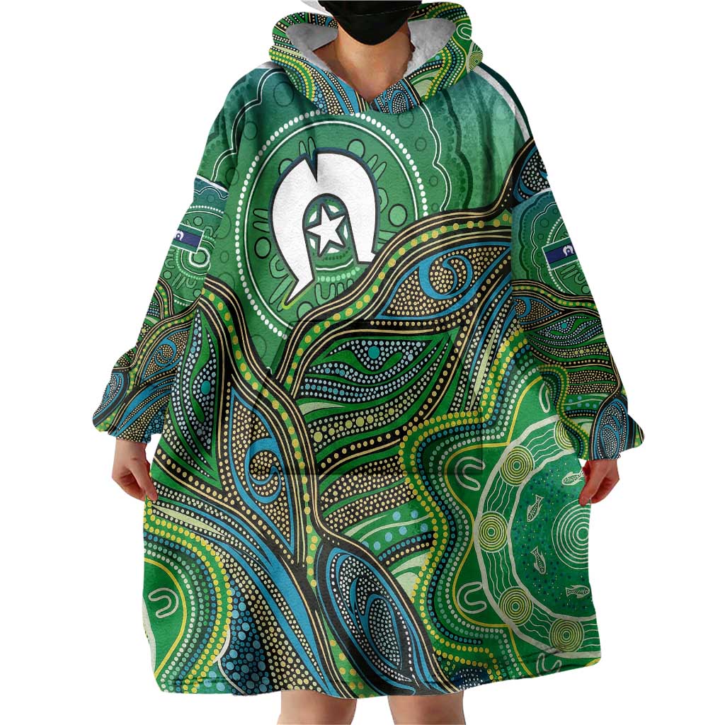 Torres Strait Islands Wearable Blanket Hoodie Indigenous Ocean Wave Dot Green Color