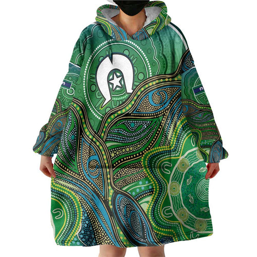 Torres Strait Islands Wearable Blanket Hoodie Indigenous Ocean Wave Dot Green Color