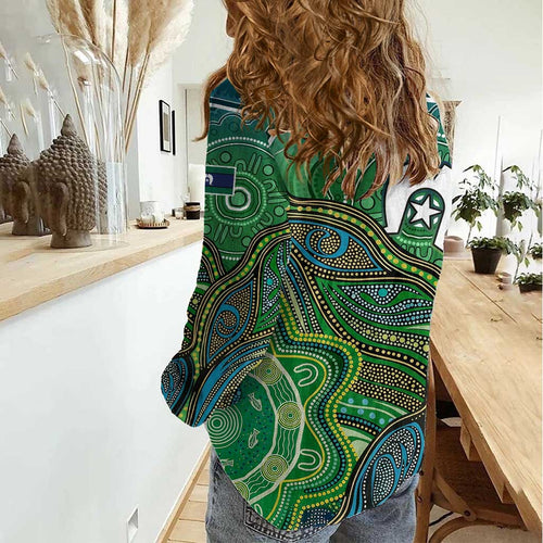 Torres Strait Islands Women Casual Shirt Indigenous Ocean Wave Dot Green Color