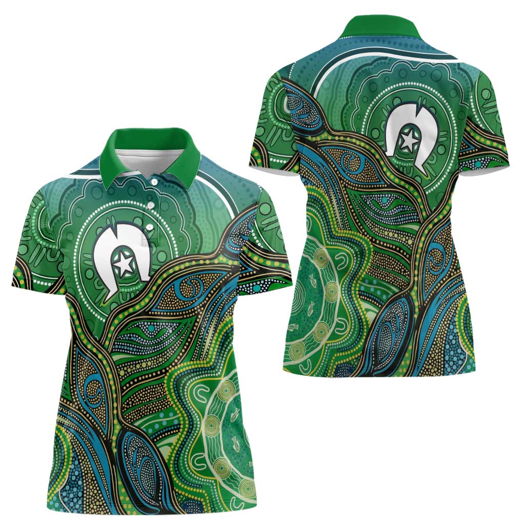 Torres Strait Islands Women Polo Shirt Indigenous Ocean Wave Dot Green Color
