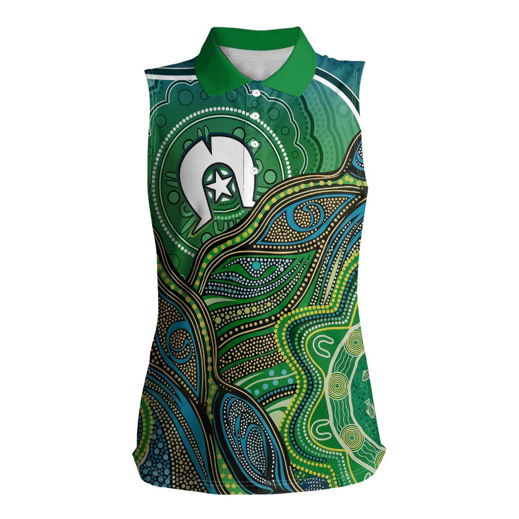 Torres Strait Islands Women Sleeveless Polo Shirt Indigenous Ocean Wave Dot Green Color