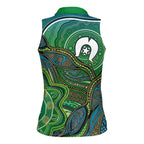 Torres Strait Islands Women Sleeveless Polo Shirt Indigenous Ocean Wave Dot Green Color