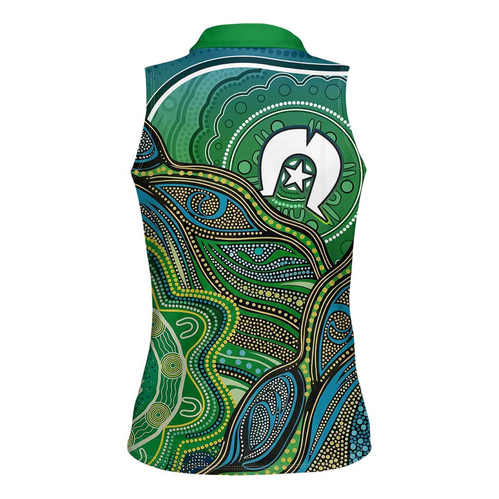 Torres Strait Islands Women Sleeveless Polo Shirt Indigenous Ocean Wave Dot Green Color