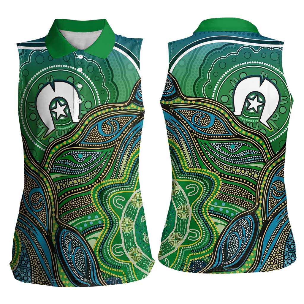 Torres Strait Islands Women Sleeveless Polo Shirt Indigenous Ocean Wave Dot Green Color