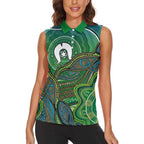 Torres Strait Islands Women Sleeveless Polo Shirt Indigenous Ocean Wave Dot Green Color