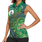 Torres Strait Islands Women Sleeveless Polo Shirt Indigenous Ocean Wave Dot Green Color