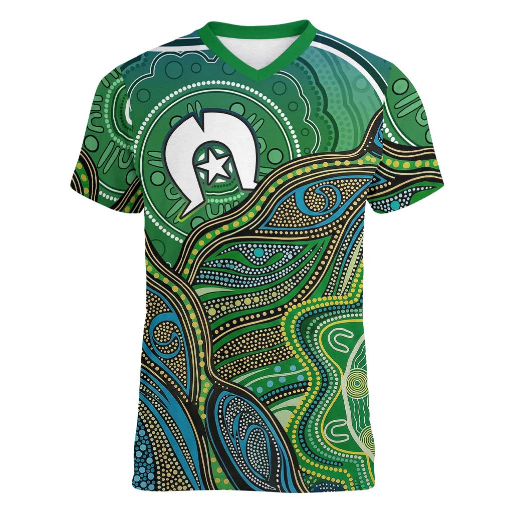 Torres Strait Islands Women V-Neck T-Shirt Indigenous Ocean Wave Dot Green Color