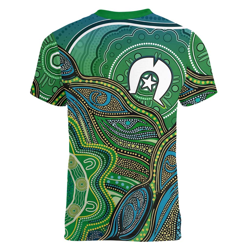 Torres Strait Islands Women V-Neck T-Shirt Indigenous Ocean Wave Dot Green Color