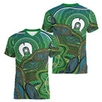 Torres Strait Islands Women V-Neck T-Shirt Indigenous Ocean Wave Dot Green Color