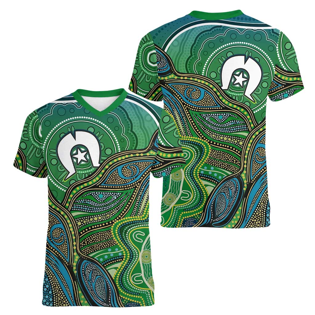 Torres Strait Islands Women V-Neck T-Shirt Indigenous Ocean Wave Dot Green Color