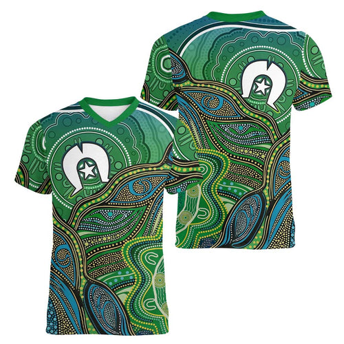 Torres Strait Islands Women V-Neck T-Shirt Indigenous Ocean Wave Dot Green Color