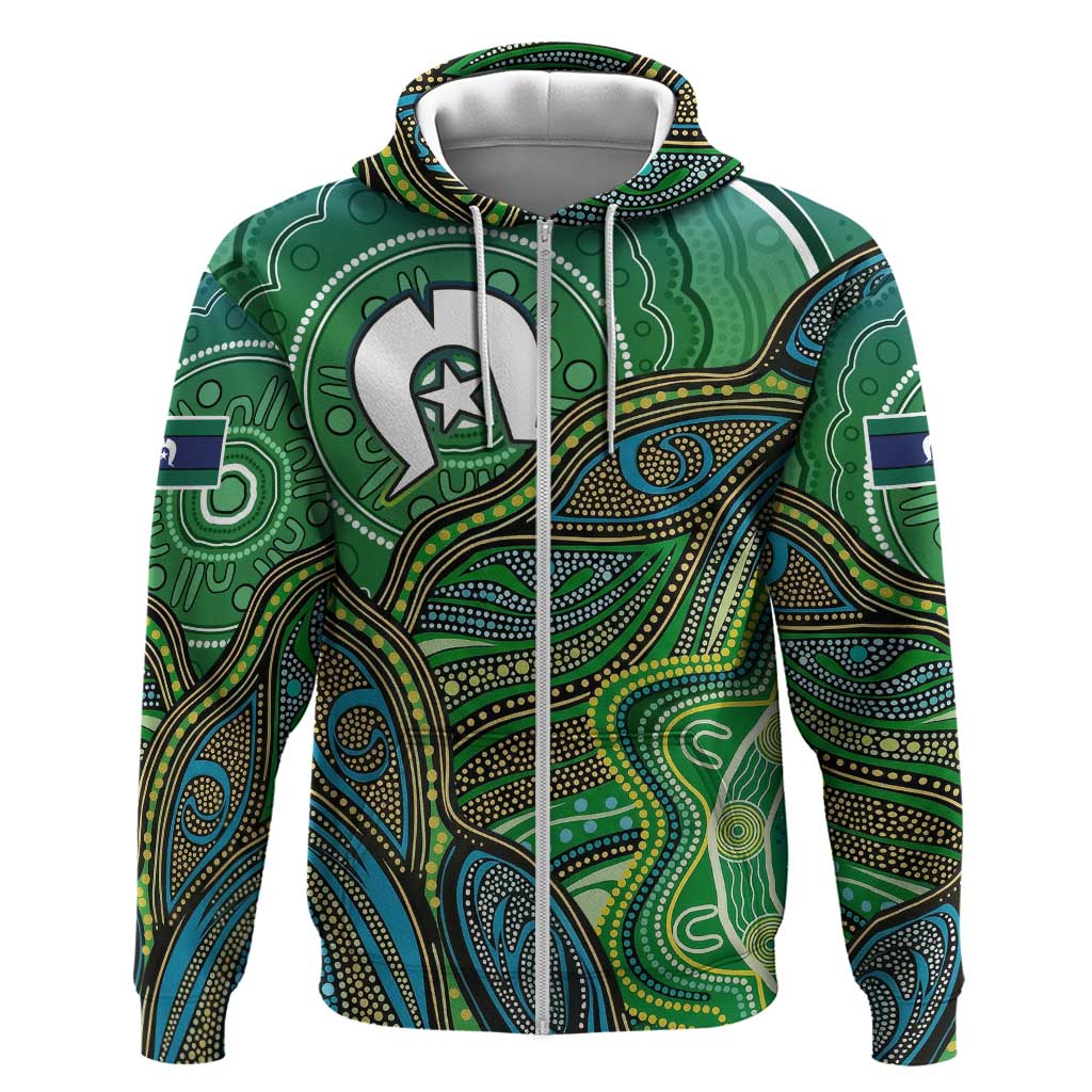 Torres Strait Islands Zip Hoodie Indigenous Ocean Wave Dot Green Color