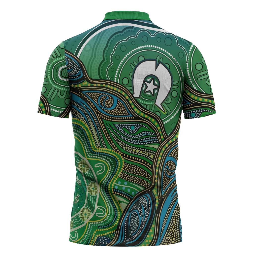 Torres Strait Islands Zipper Polo Shirt Indigenous Ocean Wave Dot Green Color