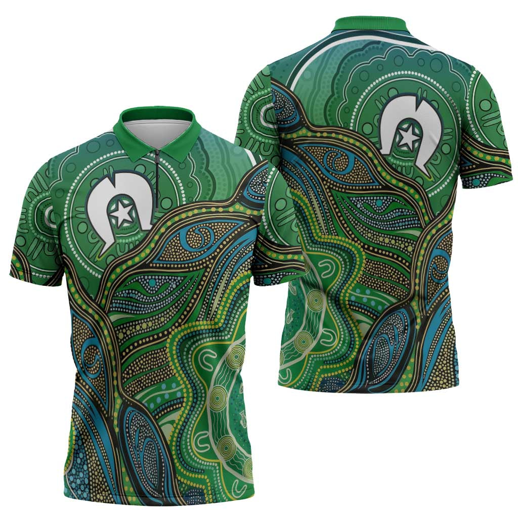Torres Strait Islands Zipper Polo Shirt Indigenous Ocean Wave Dot Green Color