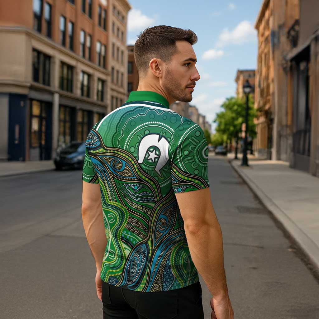 Torres Strait Islands Zipper Polo Shirt Indigenous Ocean Wave Dot Green Color
