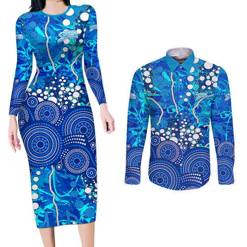 Adelaide Strikers Couples Matching Long Sleeve Bodycon Dress and Long Sleeve Button Shirt Graffiti Urban Aboriginal Dot Abstract Design