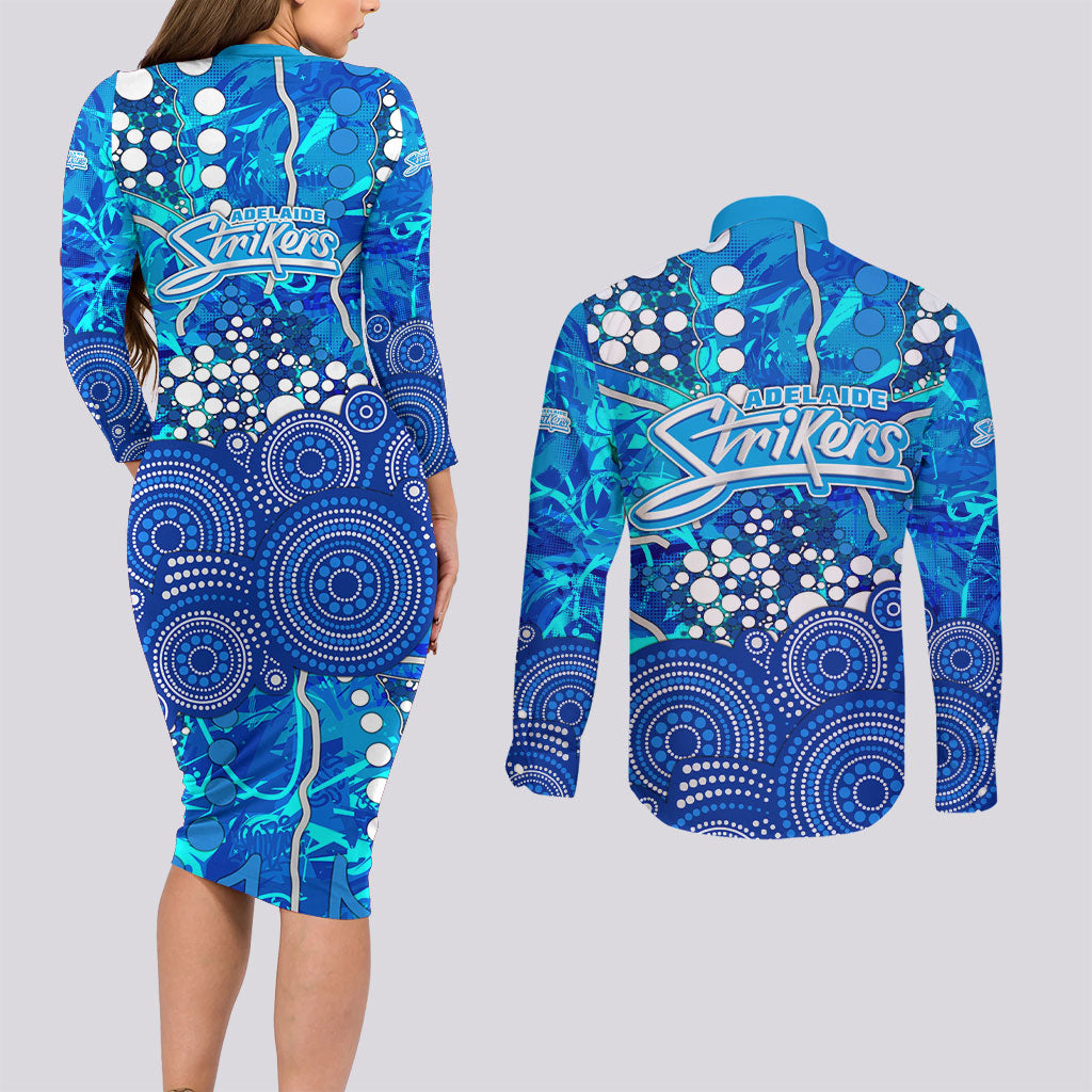 Adelaide Strikers Couples Matching Long Sleeve Bodycon Dress and Long Sleeve Button Shirt Graffiti Urban Aboriginal Dot Abstract Design