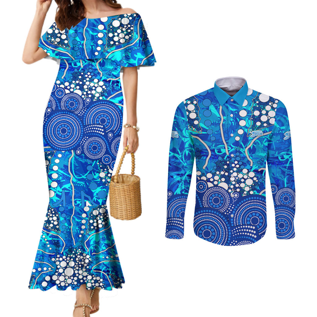 Adelaide Strikers Couples Matching Mermaid Dress and Long Sleeve Button Shirt Graffiti Urban Aboriginal Dot Abstract Design