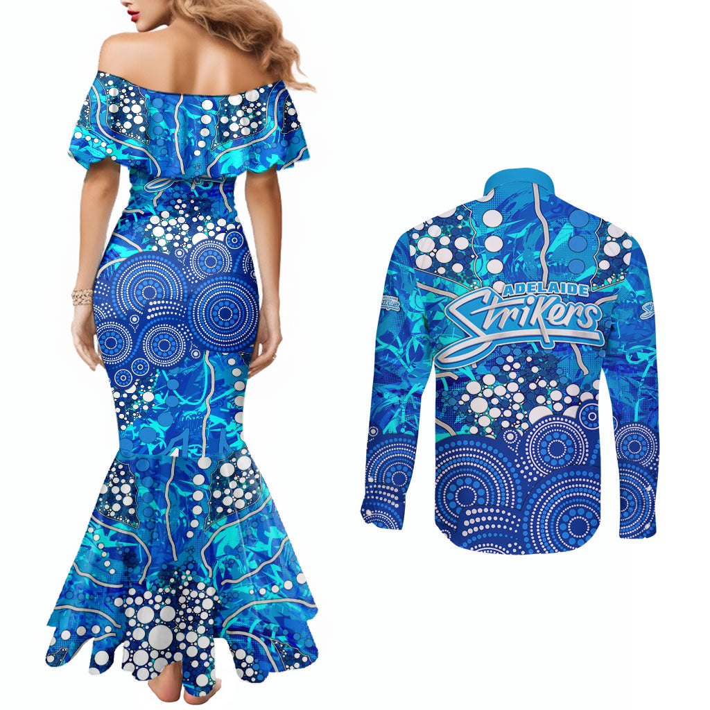 Adelaide Strikers Couples Matching Mermaid Dress and Long Sleeve Button Shirt Graffiti Urban Aboriginal Dot Abstract Design