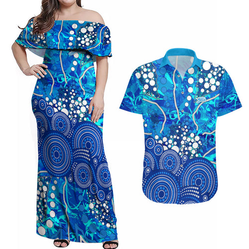 Adelaide Strikers Couples Matching Off Shoulder Maxi Dress and Hawaiian Shirt Graffiti Urban Aboriginal Dot Abstract Design