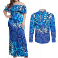 Adelaide Strikers Couples Matching Off Shoulder Maxi Dress and Long Sleeve Button Shirt Graffiti Urban Aboriginal Dot Abstract Design