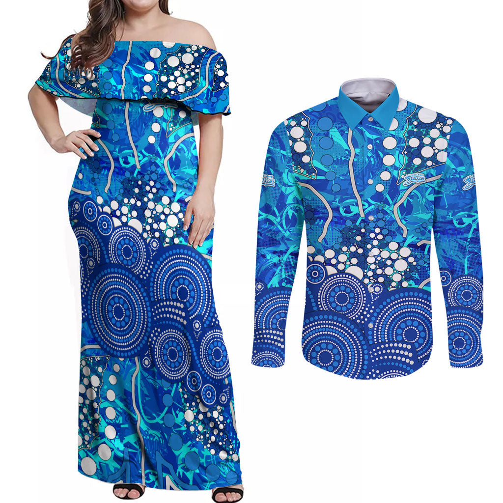 Adelaide Strikers Couples Matching Off Shoulder Maxi Dress and Long Sleeve Button Shirt Graffiti Urban Aboriginal Dot Abstract Design
