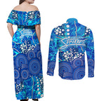 Adelaide Strikers Couples Matching Off Shoulder Maxi Dress and Long Sleeve Button Shirt Graffiti Urban Aboriginal Dot Abstract Design