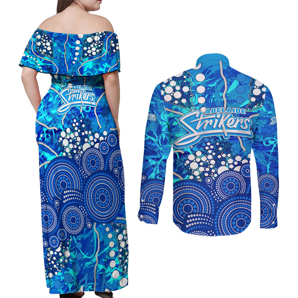 Adelaide Strikers Couples Matching Off Shoulder Maxi Dress and Long Sleeve Button Shirt Graffiti Urban Aboriginal Dot Abstract Design
