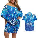 Adelaide Strikers Couples Matching Off Shoulder Short Dress and Hawaiian Shirt Graffiti Urban Aboriginal Dot Abstract Design