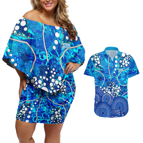 Adelaide Strikers Couples Matching Off Shoulder Short Dress and Hawaiian Shirt Graffiti Urban Aboriginal Dot Abstract Design