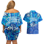 Adelaide Strikers Couples Matching Off Shoulder Short Dress and Hawaiian Shirt Graffiti Urban Aboriginal Dot Abstract Design