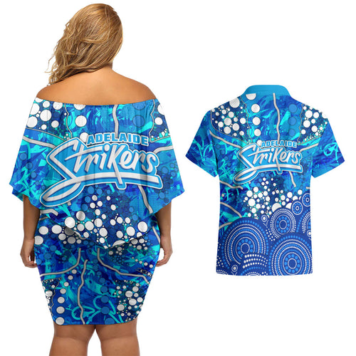 Adelaide Strikers Couples Matching Off Shoulder Short Dress and Hawaiian Shirt Graffiti Urban Aboriginal Dot Abstract Design
