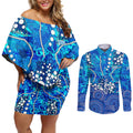 Adelaide Strikers Couples Matching Off Shoulder Short Dress and Long Sleeve Button Shirt Graffiti Urban Aboriginal Dot Abstract Design