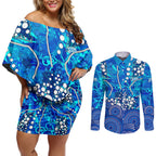 Adelaide Strikers Couples Matching Off Shoulder Short Dress and Long Sleeve Button Shirt Graffiti Urban Aboriginal Dot Abstract Design