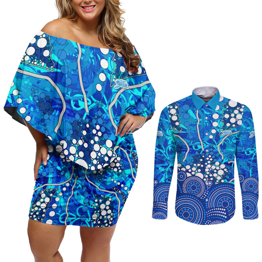 Adelaide Strikers Couples Matching Off Shoulder Short Dress and Long Sleeve Button Shirt Graffiti Urban Aboriginal Dot Abstract Design