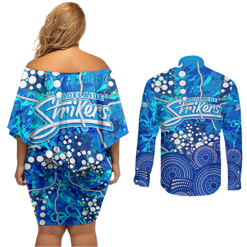 Adelaide Strikers Couples Matching Off Shoulder Short Dress and Long Sleeve Button Shirt Graffiti Urban Aboriginal Dot Abstract Design