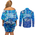 Adelaide Strikers Couples Matching Off Shoulder Short Dress and Long Sleeve Button Shirt Graffiti Urban Aboriginal Dot Abstract Design