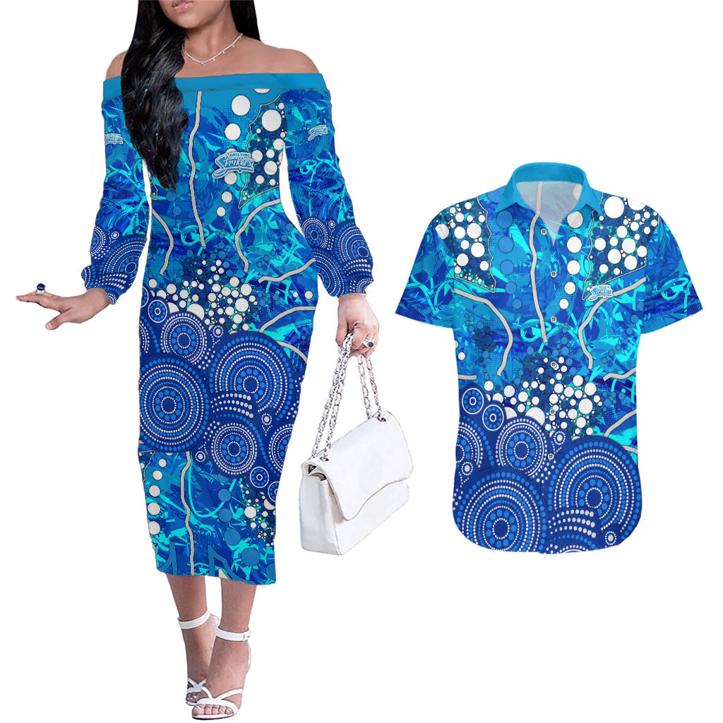 Adelaide Strikers Couples Matching Off The Shoulder Long Sleeve Dress and Hawaiian Shirt Graffiti Urban Aboriginal Dot Abstract Design