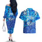 Adelaide Strikers Couples Matching Off The Shoulder Long Sleeve Dress and Hawaiian Shirt Graffiti Urban Aboriginal Dot Abstract Design