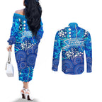 Adelaide Strikers Couples Matching Off The Shoulder Long Sleeve Dress and Long Sleeve Button Shirt Graffiti Urban Aboriginal Dot Abstract Design