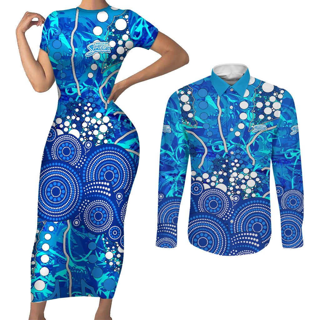 Adelaide Strikers Couples Matching Short Sleeve Bodycon Dress and Long Sleeve Button Shirt Graffiti Urban Aboriginal Dot Abstract Design
