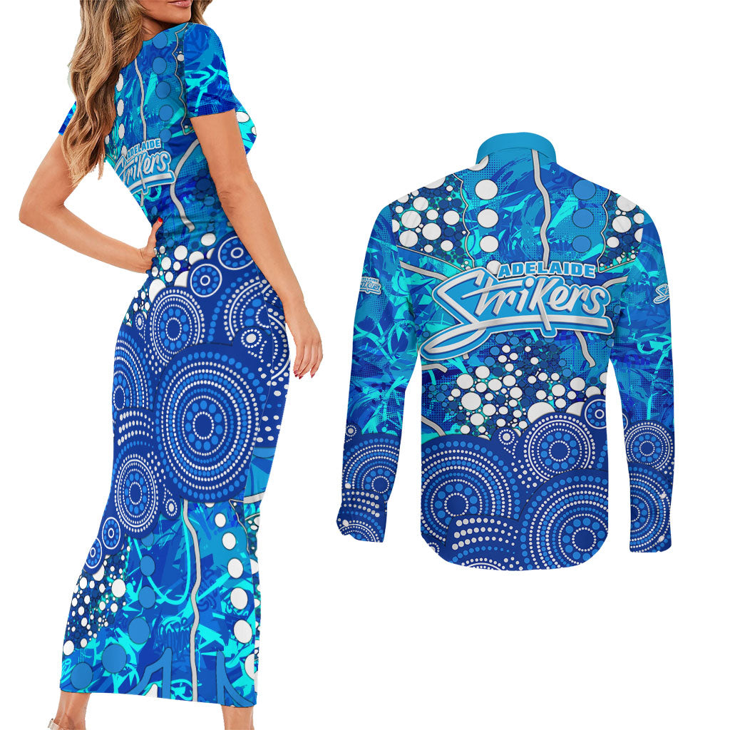 Adelaide Strikers Couples Matching Short Sleeve Bodycon Dress and Long Sleeve Button Shirt Graffiti Urban Aboriginal Dot Abstract Design