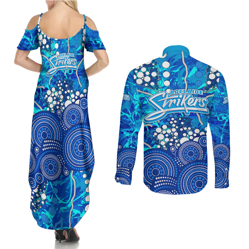 Adelaide Strikers Couples Matching Summer Maxi Dress and Long Sleeve Button Shirt Graffiti Urban Aboriginal Dot Abstract Design