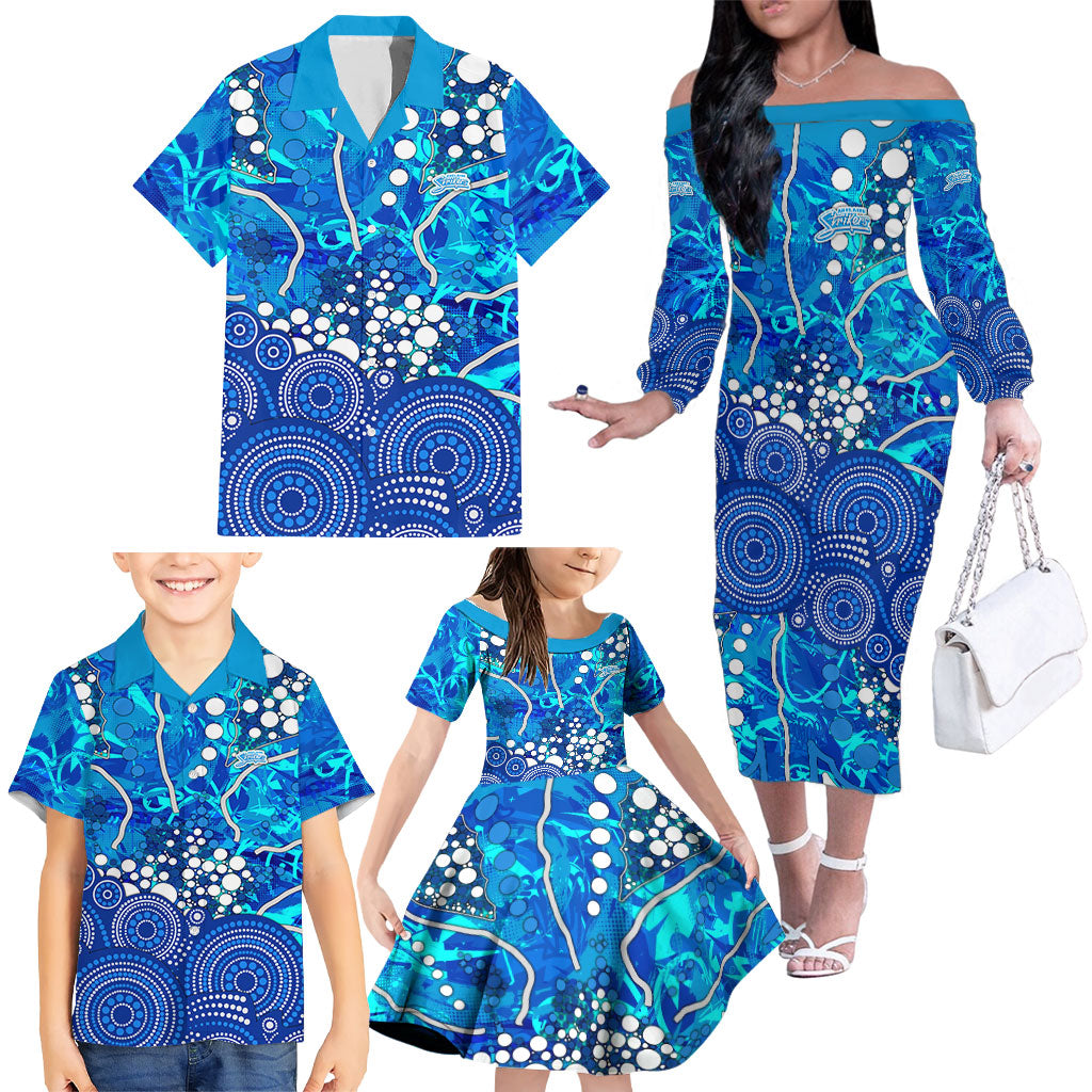 Adelaide Strikers Family Matching Off The Shoulder Long Sleeve Dress and Hawaiian Shirt Graffiti Urban Aboriginal Dot Abstract Design