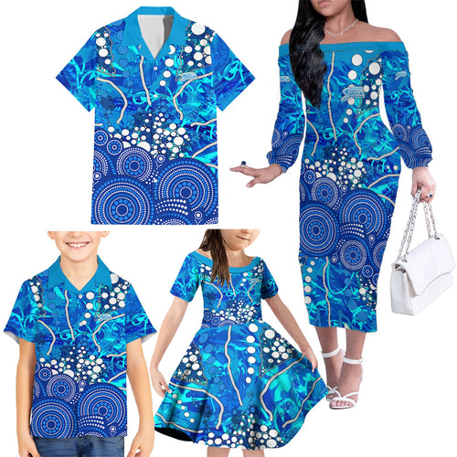 Adelaide Strikers Family Matching Off The Shoulder Long Sleeve Dress and Hawaiian Shirt Graffiti Urban Aboriginal Dot Abstract Design