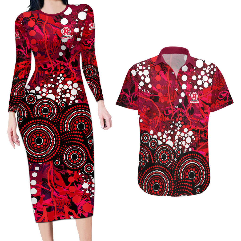 Melbourne Renegades Couples Matching Long Sleeve Bodycon Dress and Hawaiian Shirt Graffiti Urban Aboriginal Dot Abstract Design